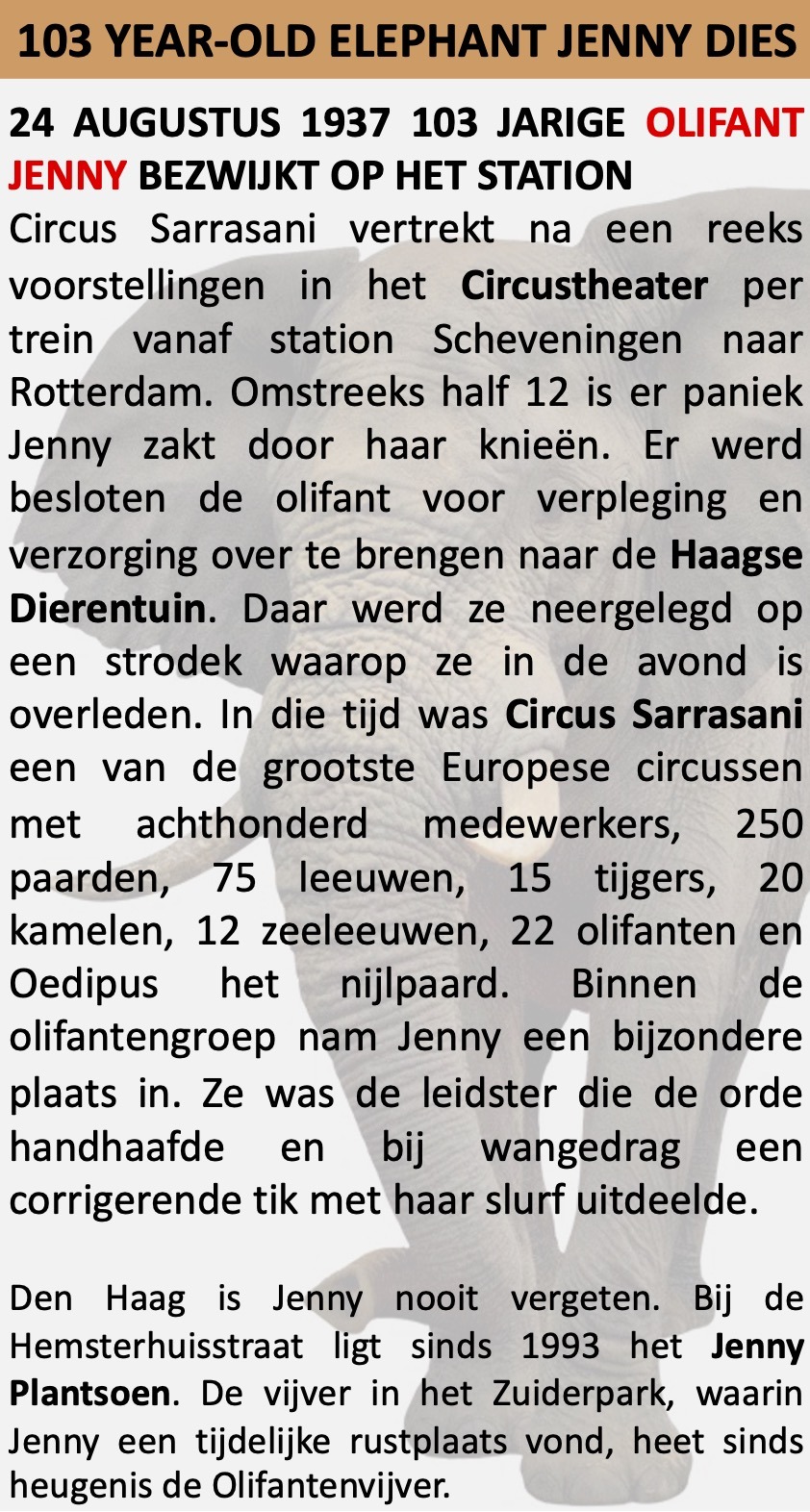 Olifant Jenny 24 augustus 1937 bezwijkt op Station Scheveningen