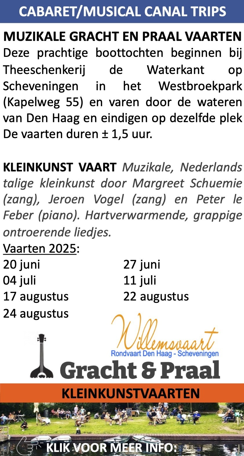 KleinKunst Gracht en Praal vaarten start bij de Waterkant Scheveningen Westbroekpark